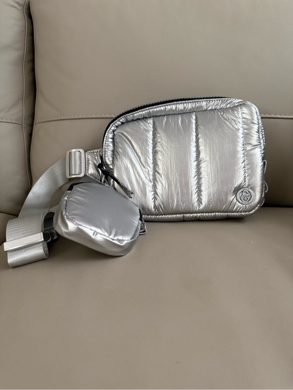 Joan & David Metallic Silver Quilted Belt Bag with Mini Pouch